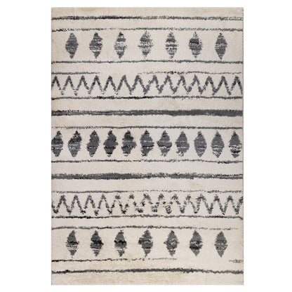 10' Cream Black And Gray Geometric Shag Runner Rug