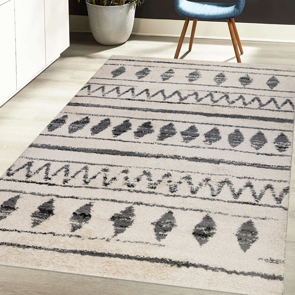 8' X 12' Cream Black And Gray Geometric Shag Area Rug