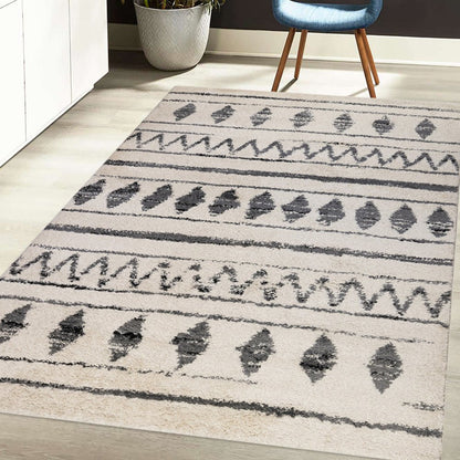 8' X 12' Cream Black And Gray Geometric Shag Area Rug