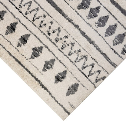 10' Cream Black And Gray Geometric Shag Runner Rug