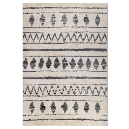 10' Cream Black And Gray Geometric Shag Runner Rug