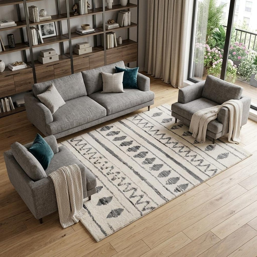 10' Cream Black And Gray Geometric Shag Runner Rug