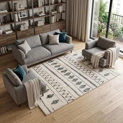 10' Cream Black And Gray Geometric Shag Runner Rug