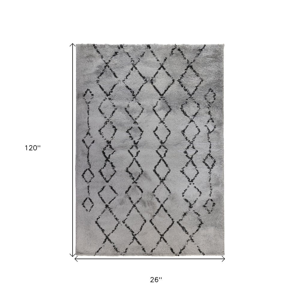 10' Black And Gray Geometric Shag Runner Rug