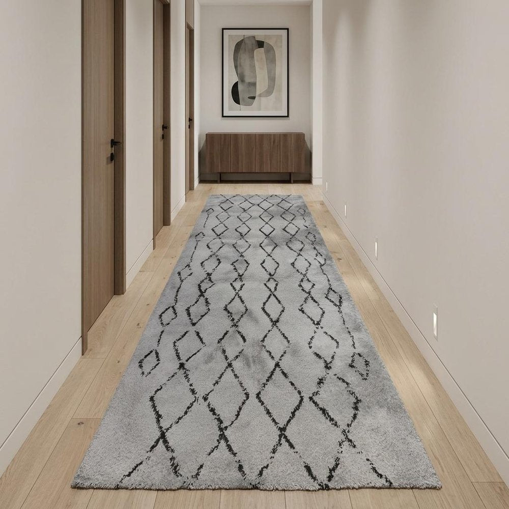 10' Black And Gray Geometric Shag Runner Rug