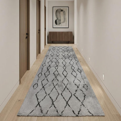 10' Black And Gray Geometric Shag Runner Rug