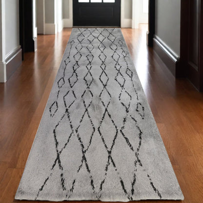 10' Black And Gray Geometric Shag Runner Rug