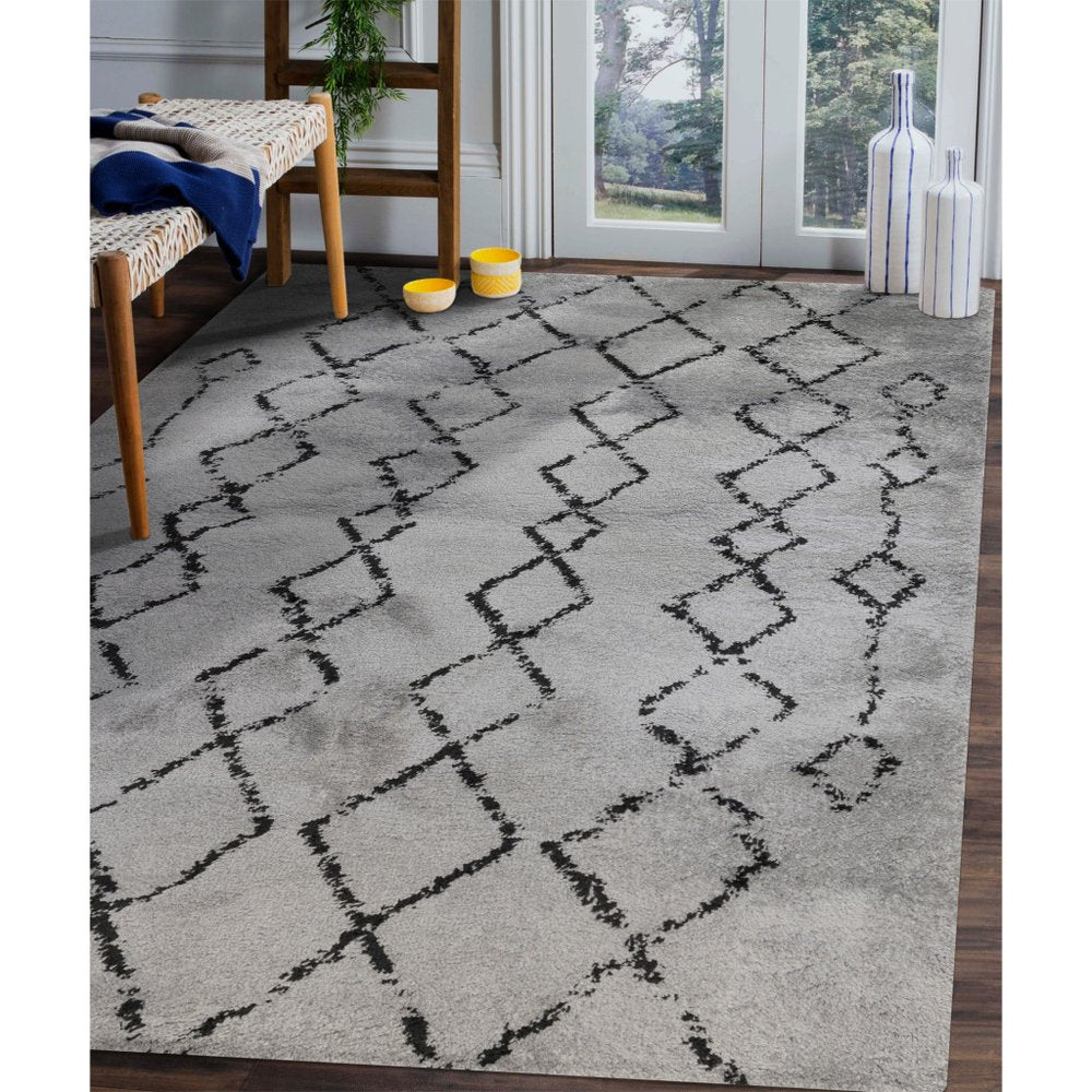 10' Black And Gray Geometric Shag Runner Rug