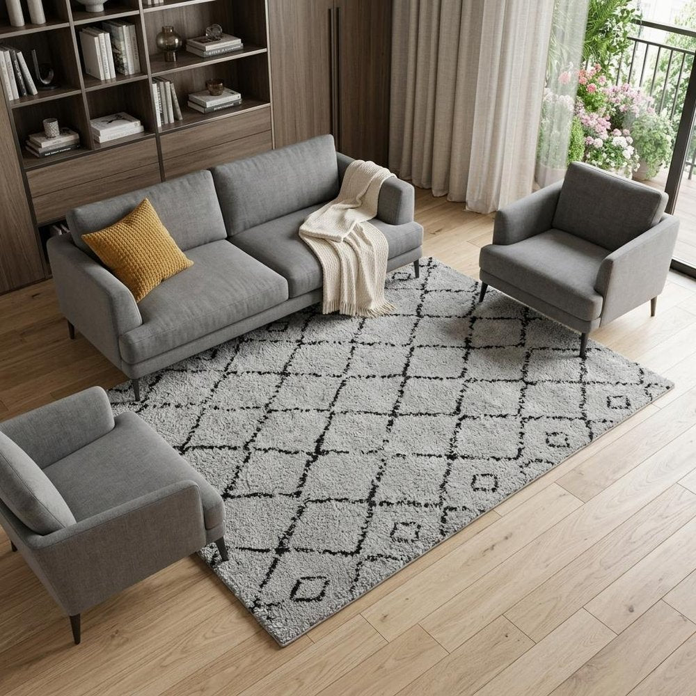 10' Black And Gray Geometric Shag Runner Rug