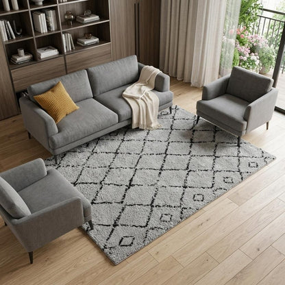 10' Black And Gray Geometric Shag Runner Rug