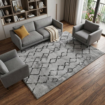 10' Black And Gray Geometric Shag Runner Rug