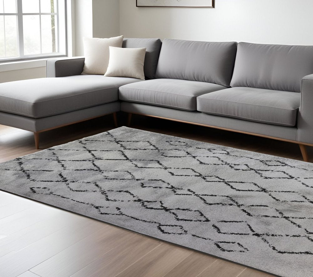 10' Black And Gray Geometric Shag Runner Rug