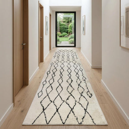 10' Black and Ivory Geometric Shag Runner Rug