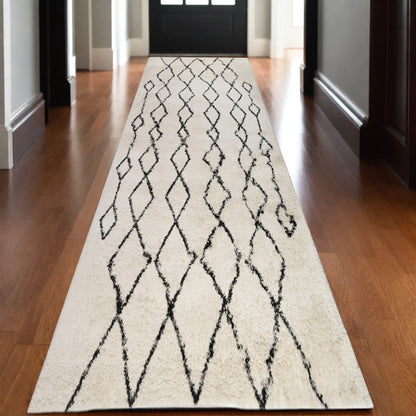 10' Black and Ivory Geometric Shag Runner Rug