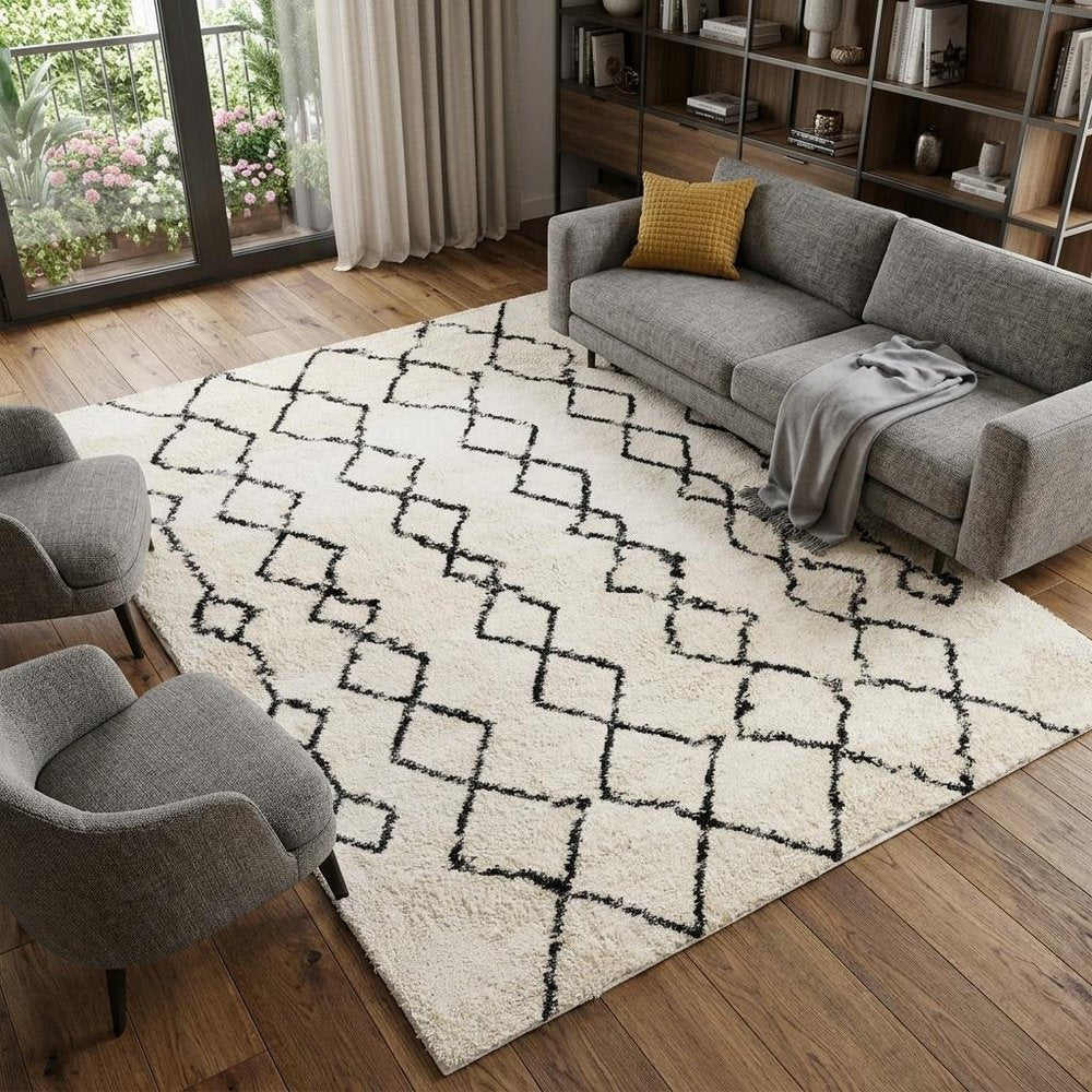 10' Black and Ivory Geometric Shag Runner Rug