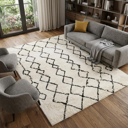 10' Black and Ivory Geometric Shag Runner Rug