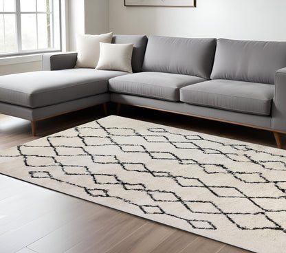 10' Black and Ivory Geometric Shag Runner Rug