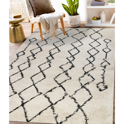 10' Black and Ivory Geometric Shag Runner Rug