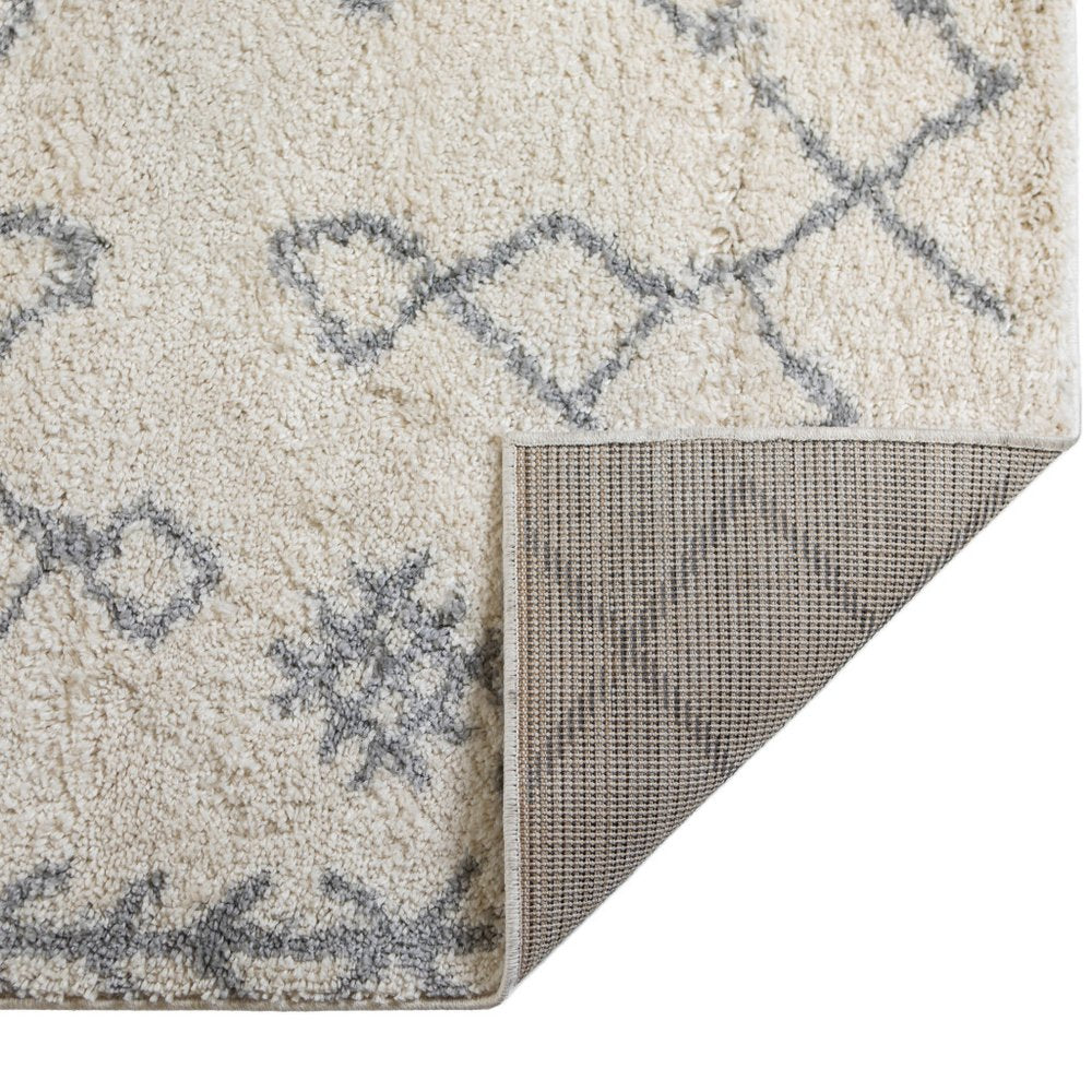 10' Gray And Ivory Geometric Shag Runner Rug