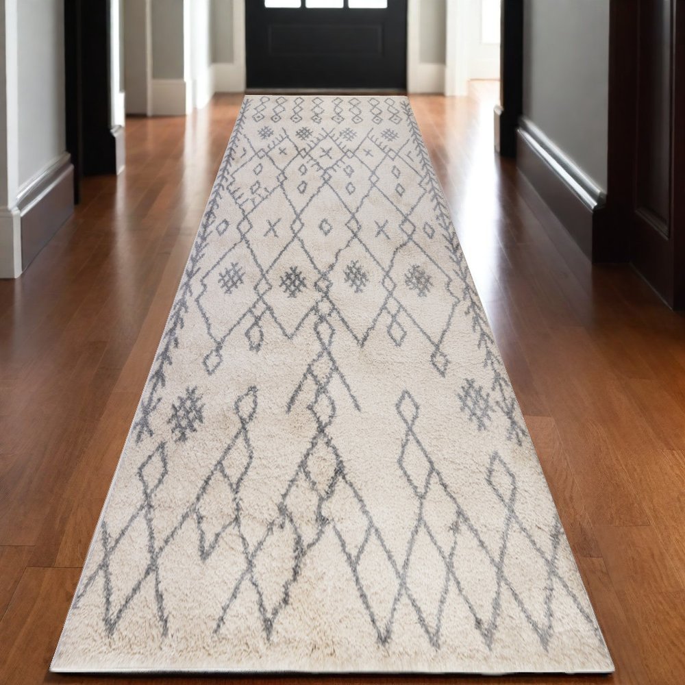 10' Gray And Ivory Geometric Shag Runner Rug