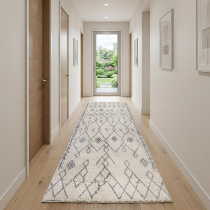 10' Gray And Ivory Geometric Shag Runner Rug