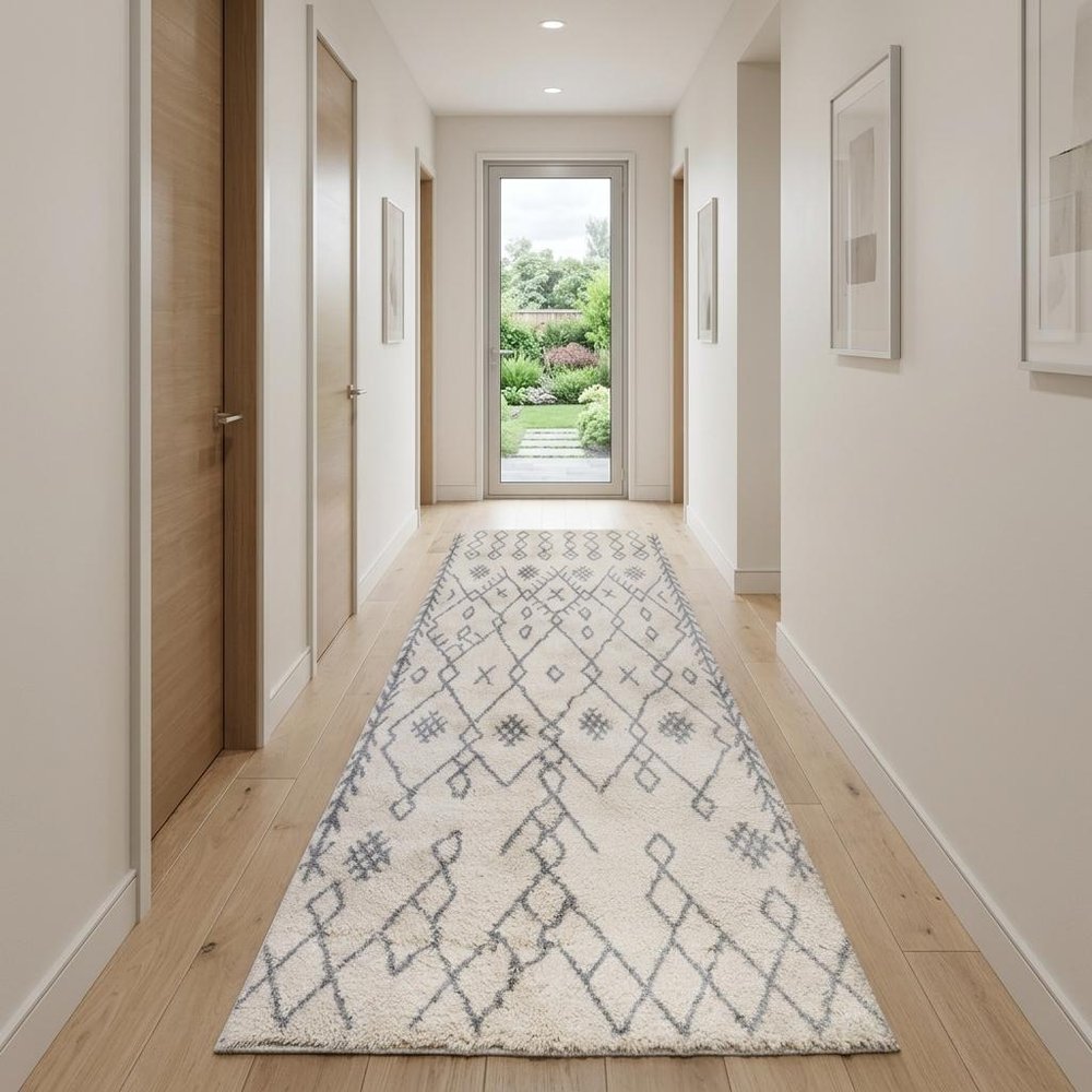 10' Gray And Ivory Geometric Shag Runner Rug