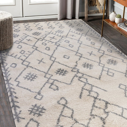 10' Gray And Ivory Geometric Shag Runner Rug