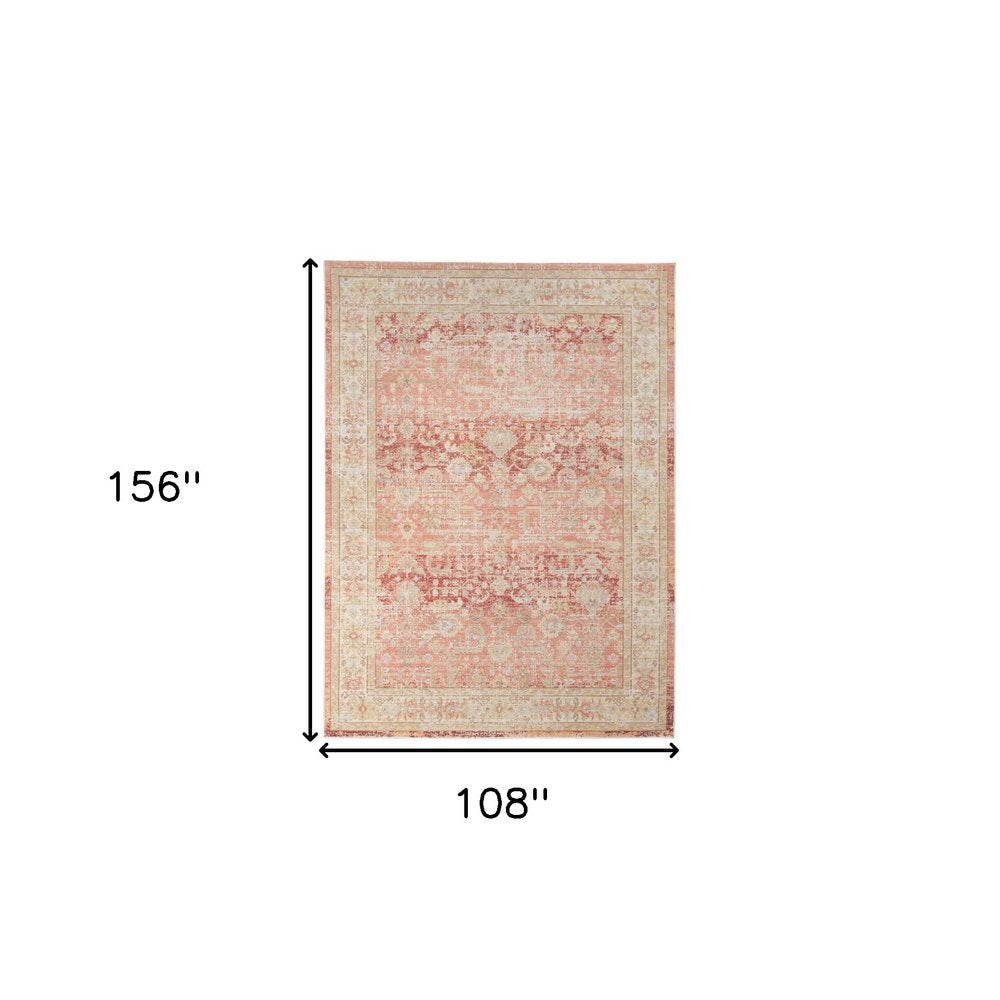 9' X 13' Salmon And Tan Floral Area Rug