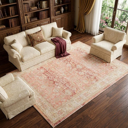 9' X 13' Salmon And Tan Floral Area Rug