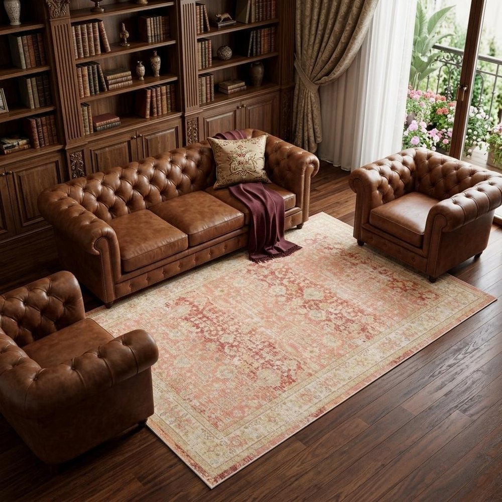 9' X 13' Salmon And Tan Floral Area Rug