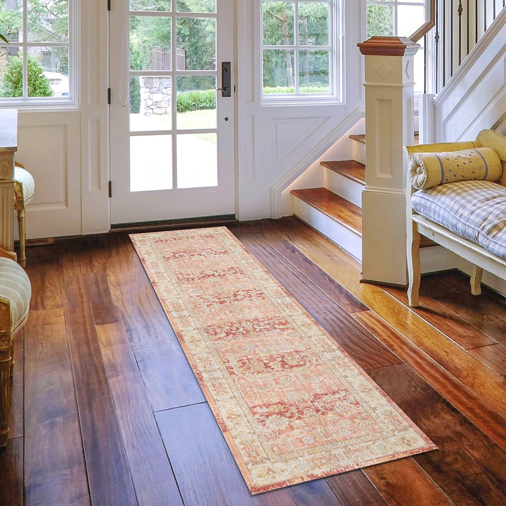 9' X 13' Salmon And Tan Floral Area Rug