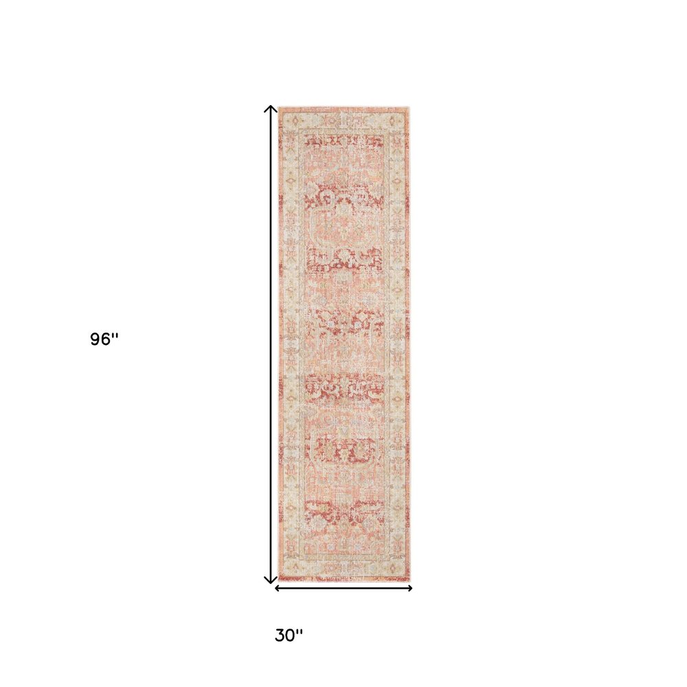 9' X 13' Salmon And Tan Floral Area Rug