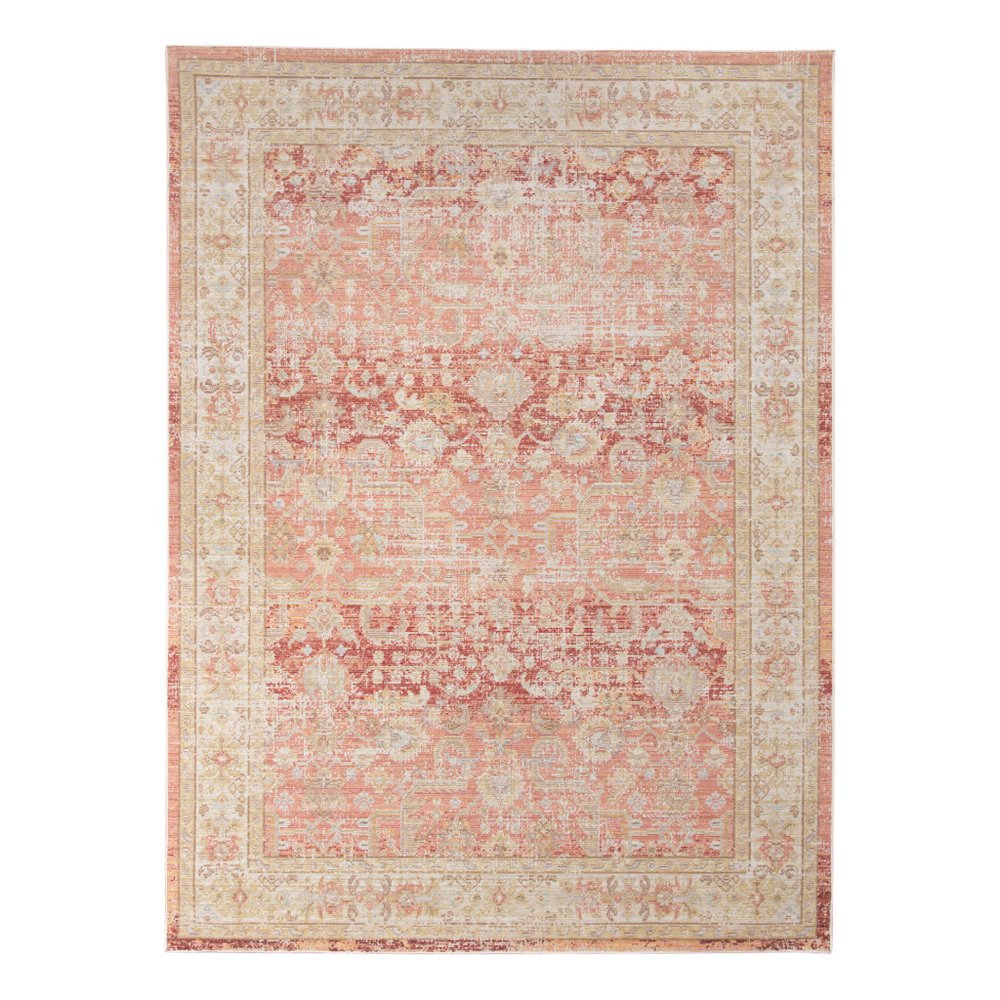 9' X 13' Salmon And Tan Floral Area Rug