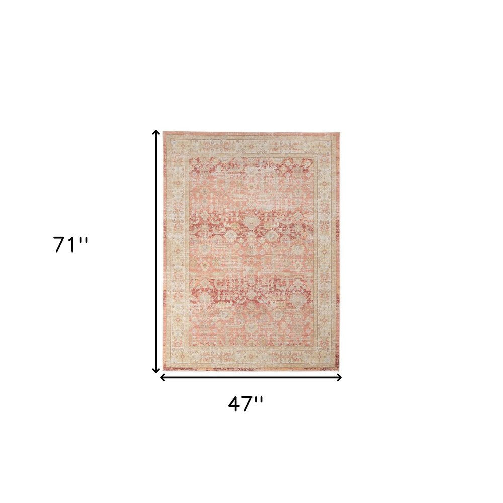 9' X 13' Salmon And Tan Floral Area Rug