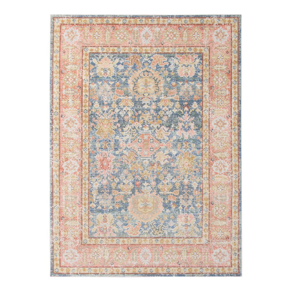 9' X 13' Coral And Blue Oriental Area Rug