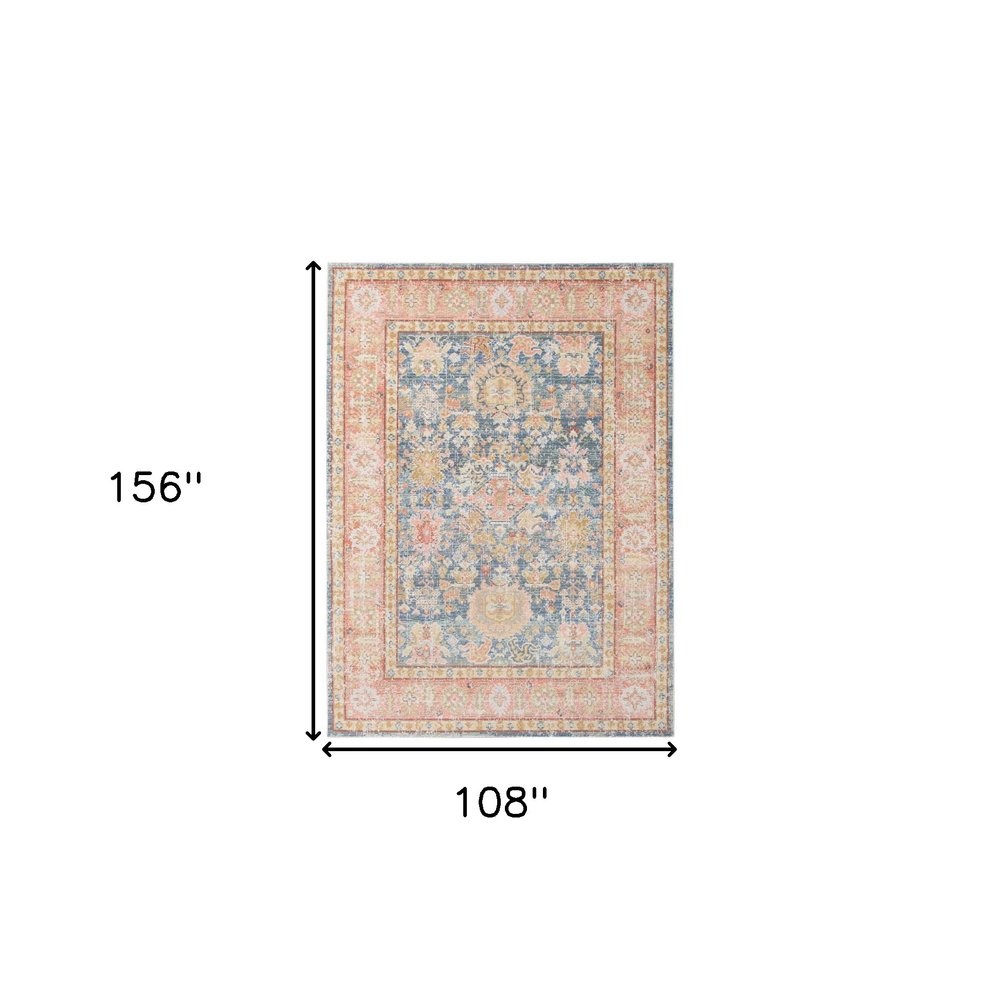 9' X 13' Coral And Blue Oriental Area Rug