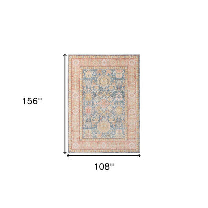 9' X 13' Coral And Blue Oriental Area Rug