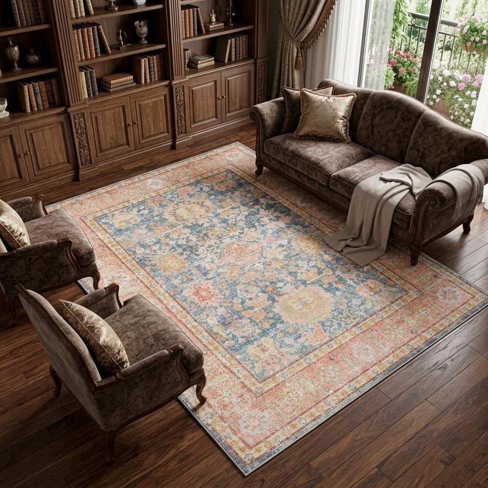 9' X 13' Coral And Blue Oriental Area Rug