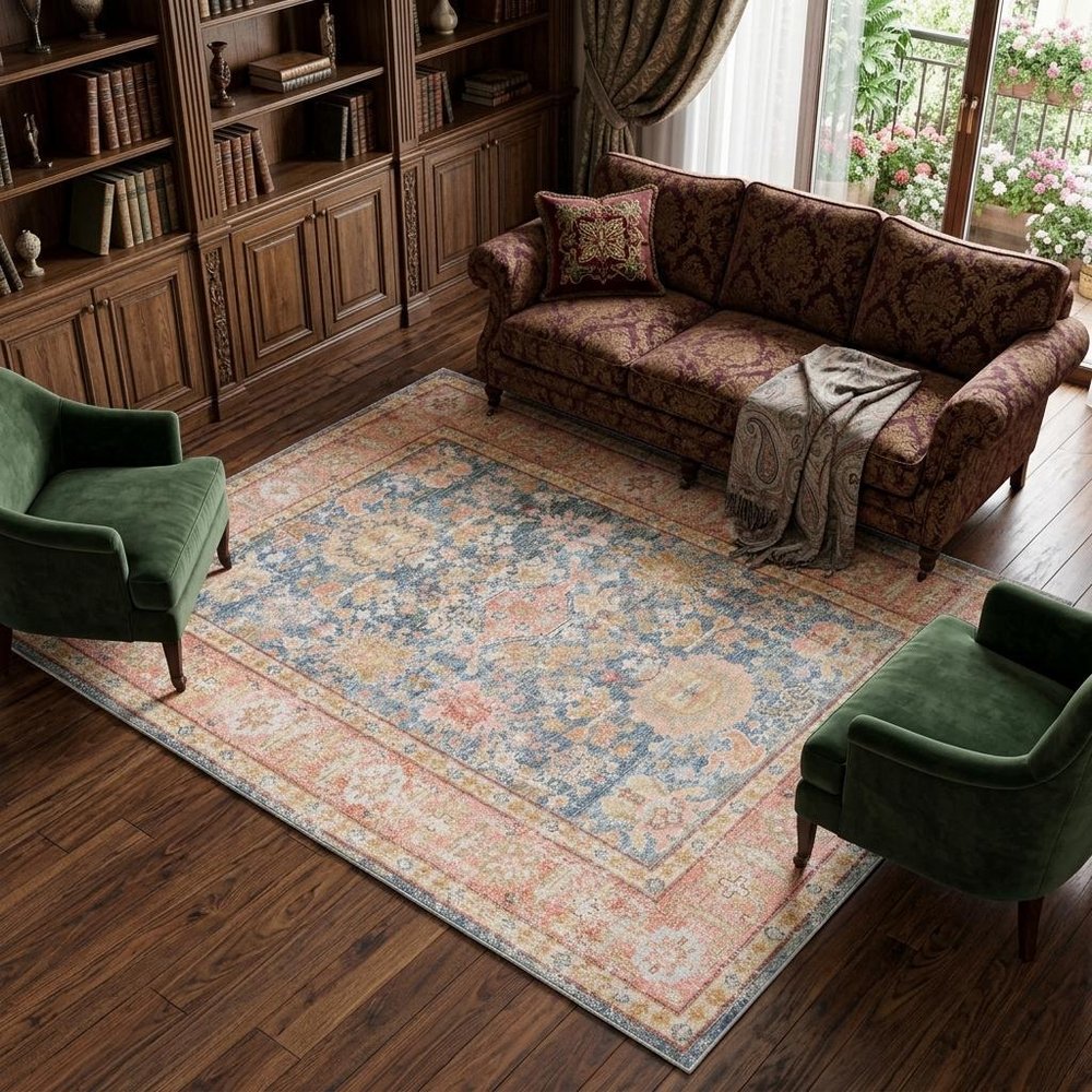 9' X 13' Coral And Blue Oriental Area Rug