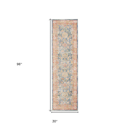 9' X 13' Coral And Blue Oriental Area Rug