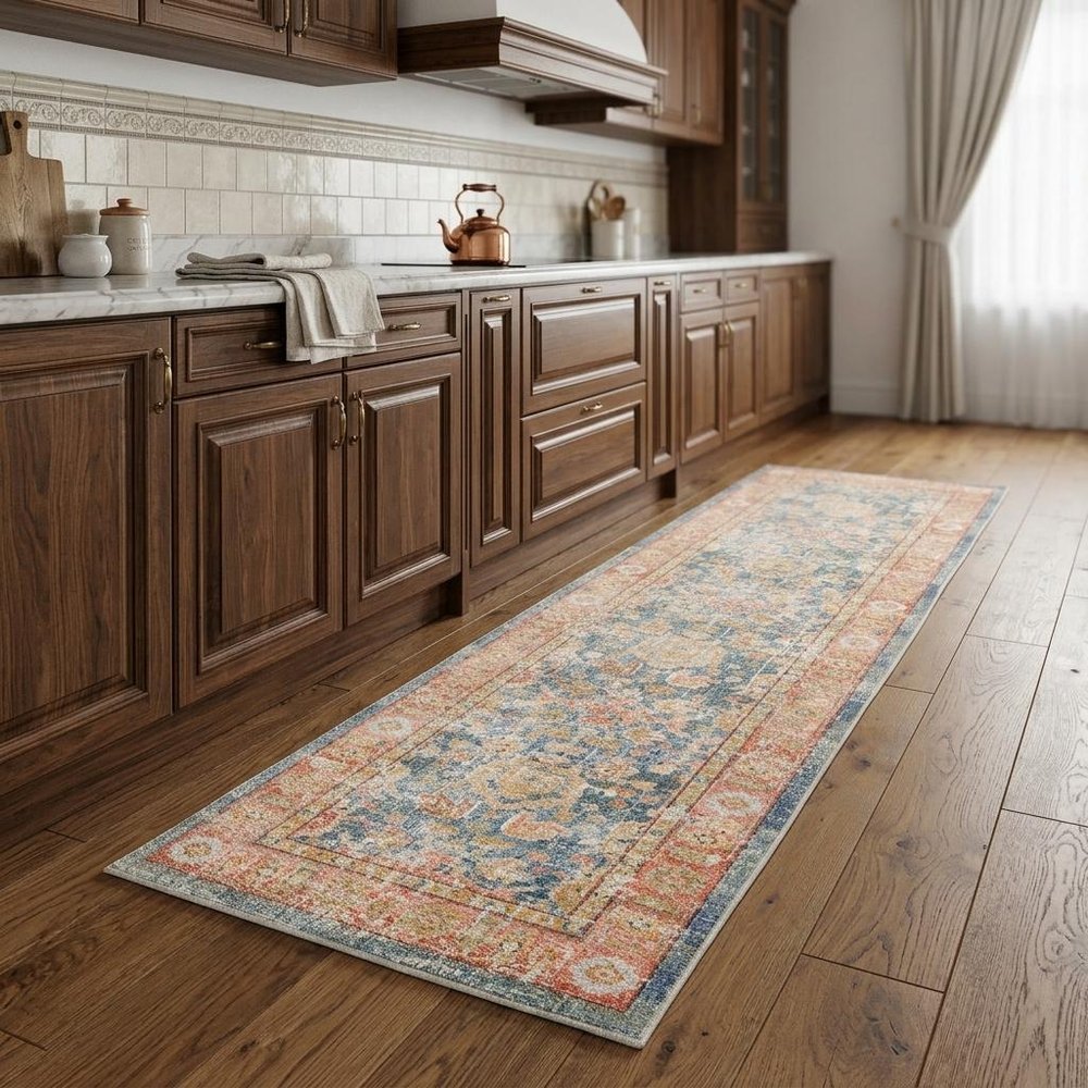 9' X 13' Coral And Blue Oriental Area Rug