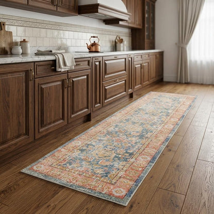 9' X 13' Coral And Blue Oriental Area Rug