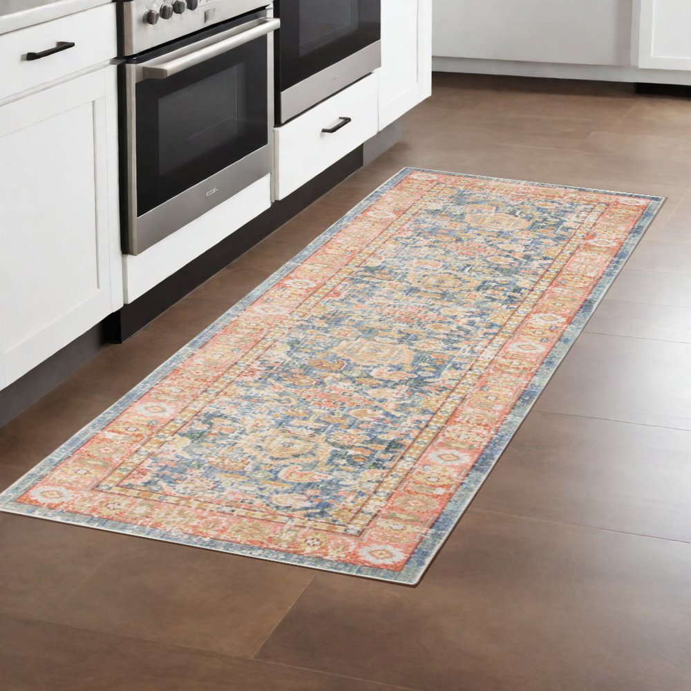 9' X 13' Coral And Blue Oriental Area Rug