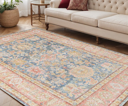 9' X 13' Coral And Blue Oriental Area Rug