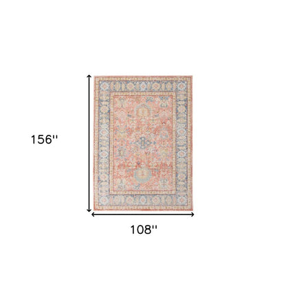 9' X 13' Coral And Blue Oriental Area Rug