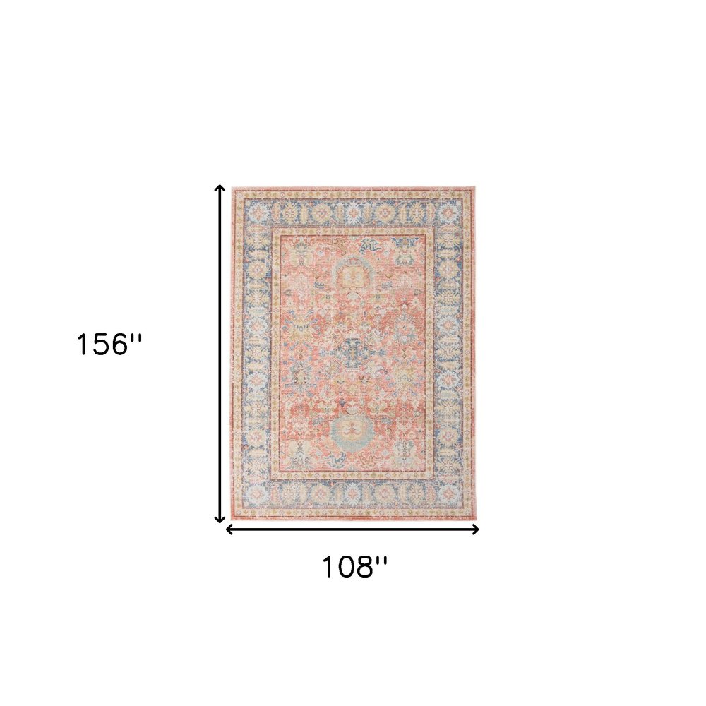 8' Coral And Blue Oriental Runner Rug