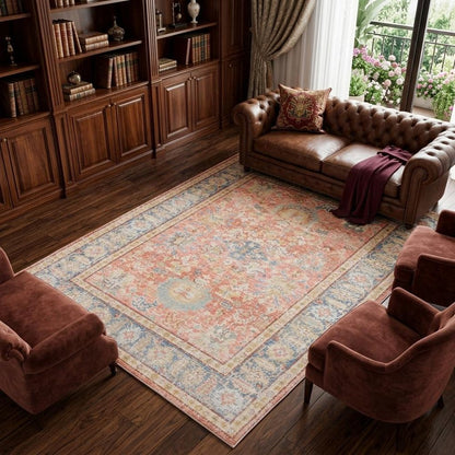 8' X 10' Coral And Blue Oriental Area Rug