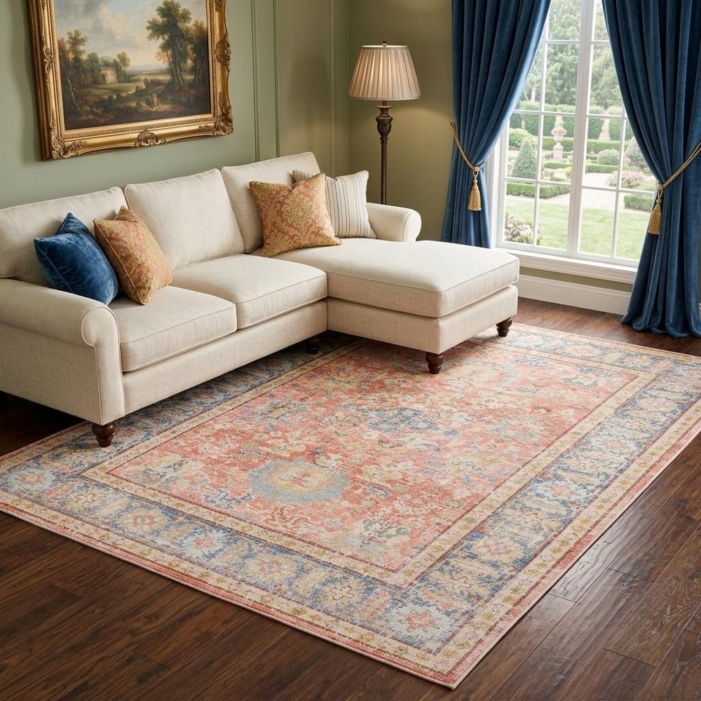 8' X 10' Coral And Blue Oriental Area Rug