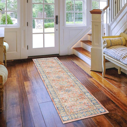 9' X 13' Coral And Blue Oriental Area Rug