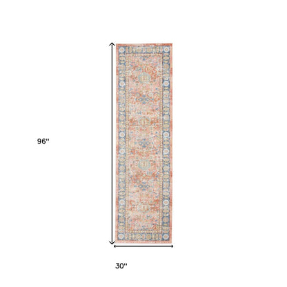 9' X 13' Coral And Blue Oriental Area Rug